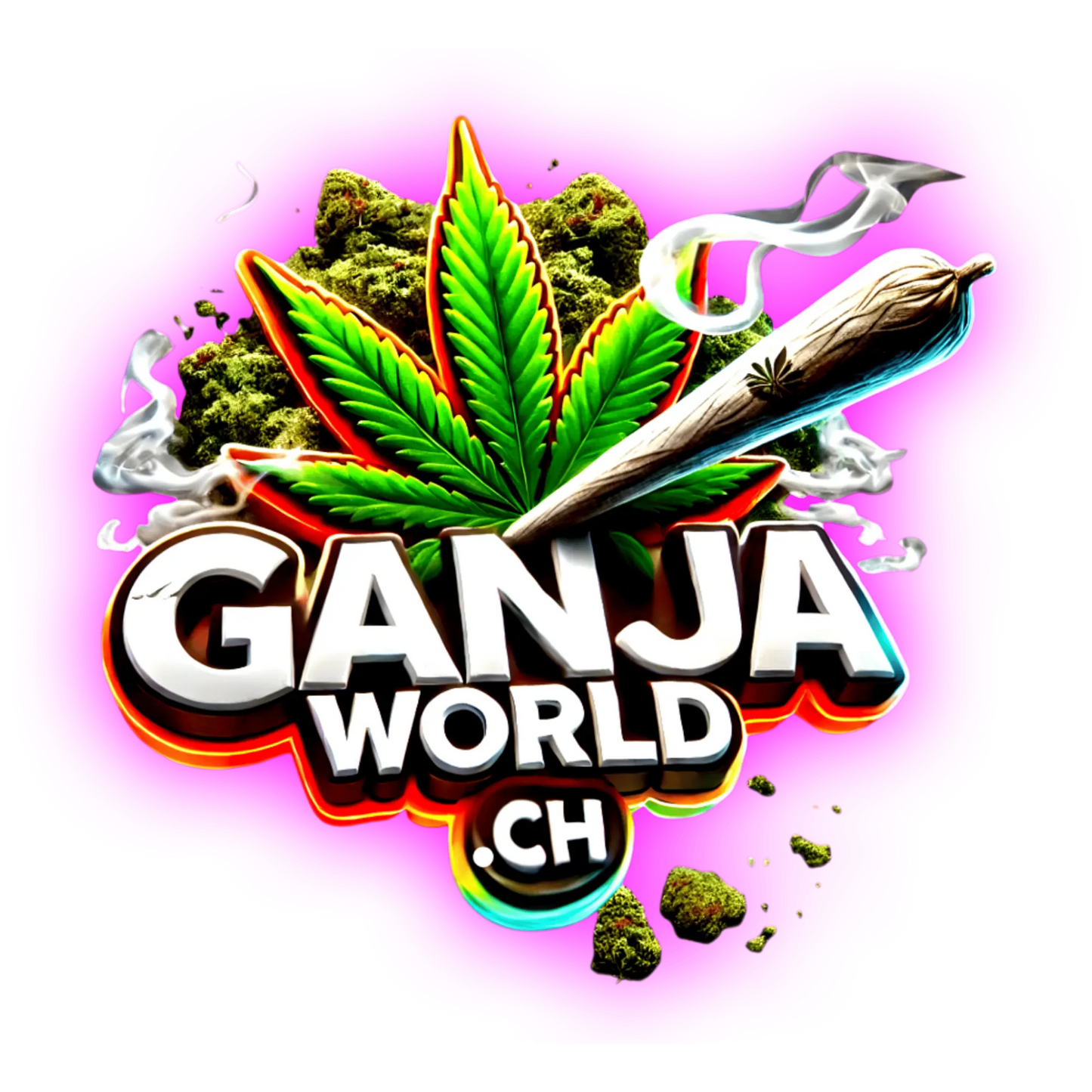 Ein Joint mit einem Hanfblatt im Hintergrund und darunter der Schriftzug Ganjaworld.ch.