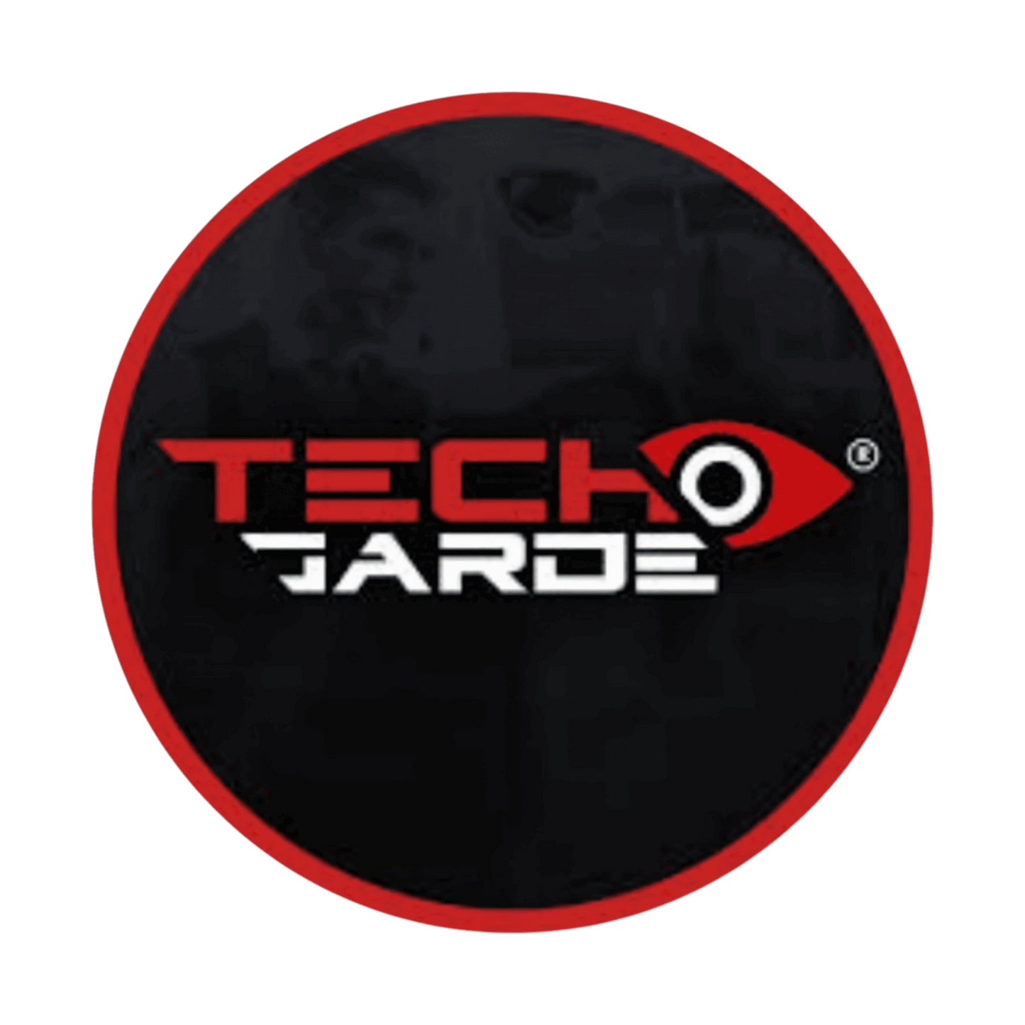 Ein schwarzer Kreis mit einer roten Umrandung mit dem Schriftzug Techgarde