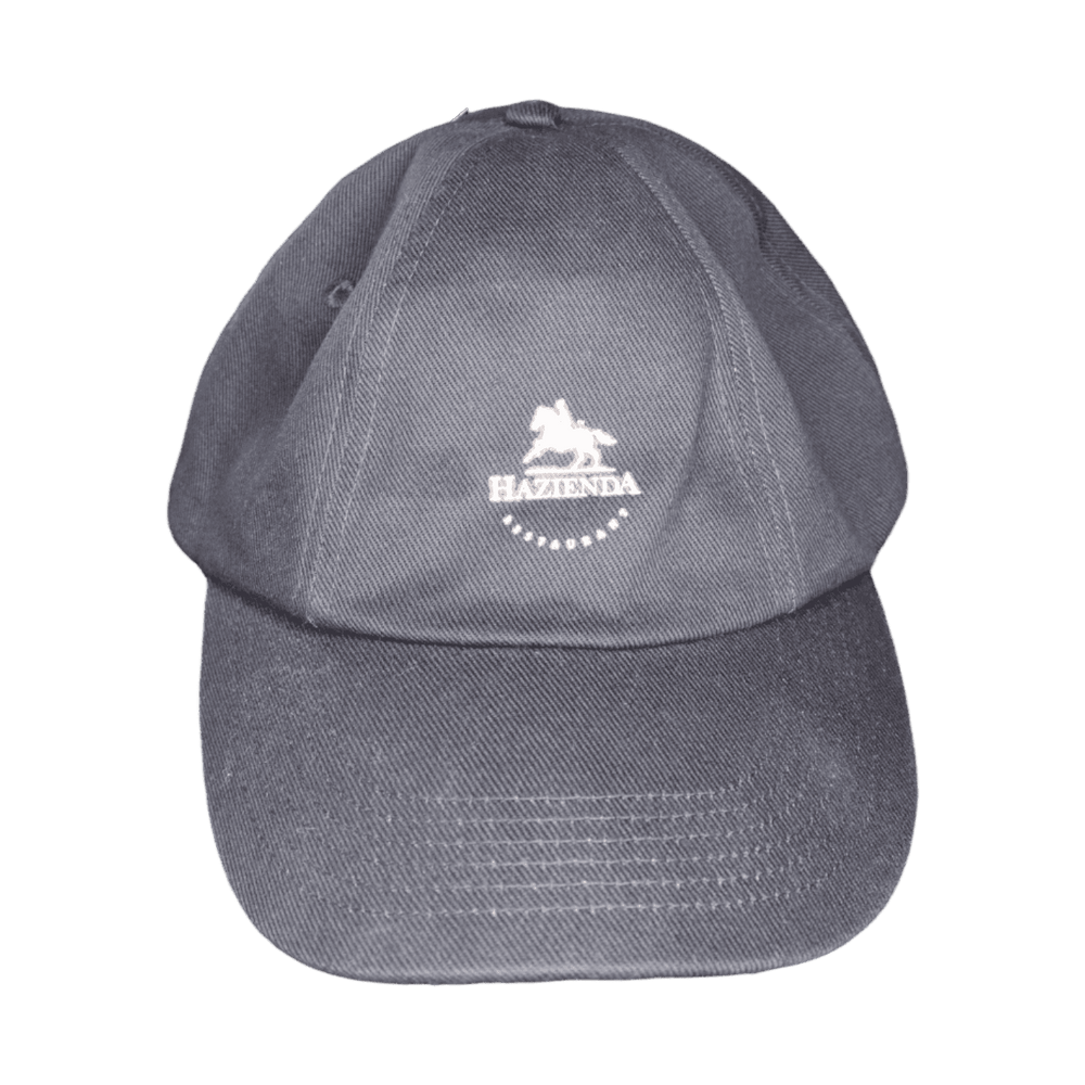 Verstellbare blau-graue Baseballkappe mit weißem Hazienda Logo auf der Vorderseite