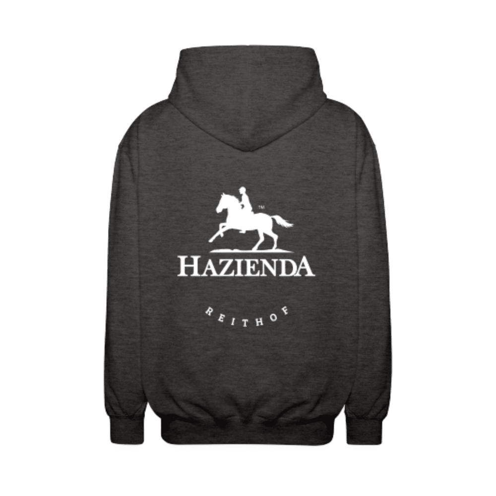 
                  
                    Dunkelgrauer Pullover mit auffälligem weißen Reithof-Logo auf der Rückseite
                  
                