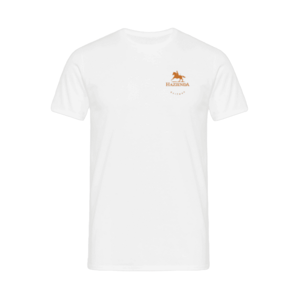 Weißes Baumwoll-T-Shirt mit dem stilvollen goldenen Logo des Restaurants Hazienda