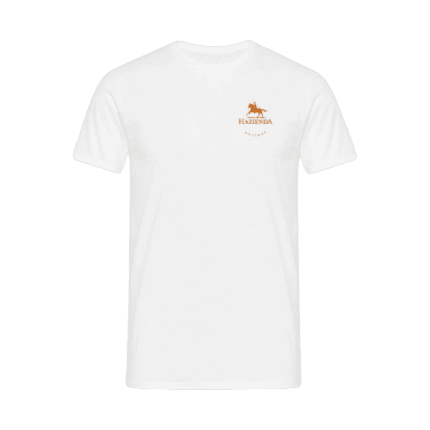 Weißes Baumwoll-T-Shirt mit dem stilvollen goldenen Logo des Restaurants Hazienda