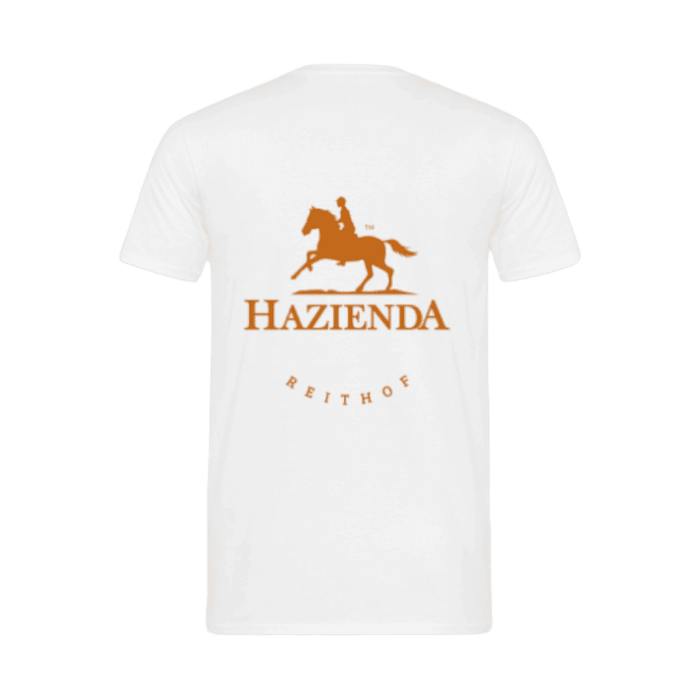 Weißes Baumwoll-T-Shirt mit dem stilvollen goldenen Logo des Restaurants Hazienda