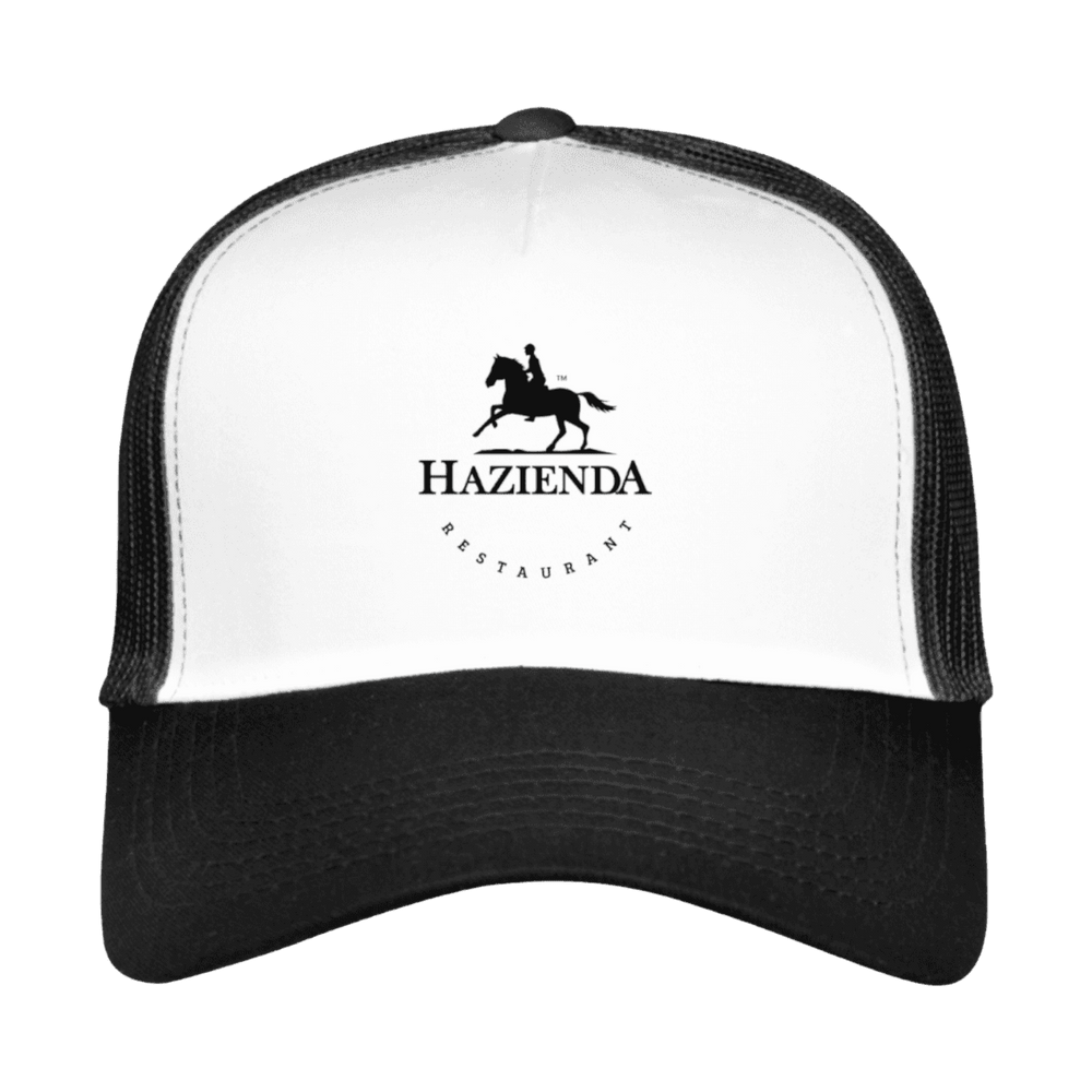 
                  
                    Kontrastreiche weiß-schwarze Cap im Trucker-Stil mit dem gut sichtbaren schwarzen Hazienda Logo
                  
                