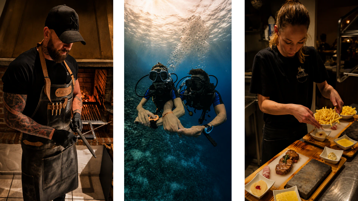 Collage von Patrick und Michelle, den Gastgebern des Restaurant Hazienda, mit Bildern aus dem Restaurant und einem gemeinsamen Tauchgang.