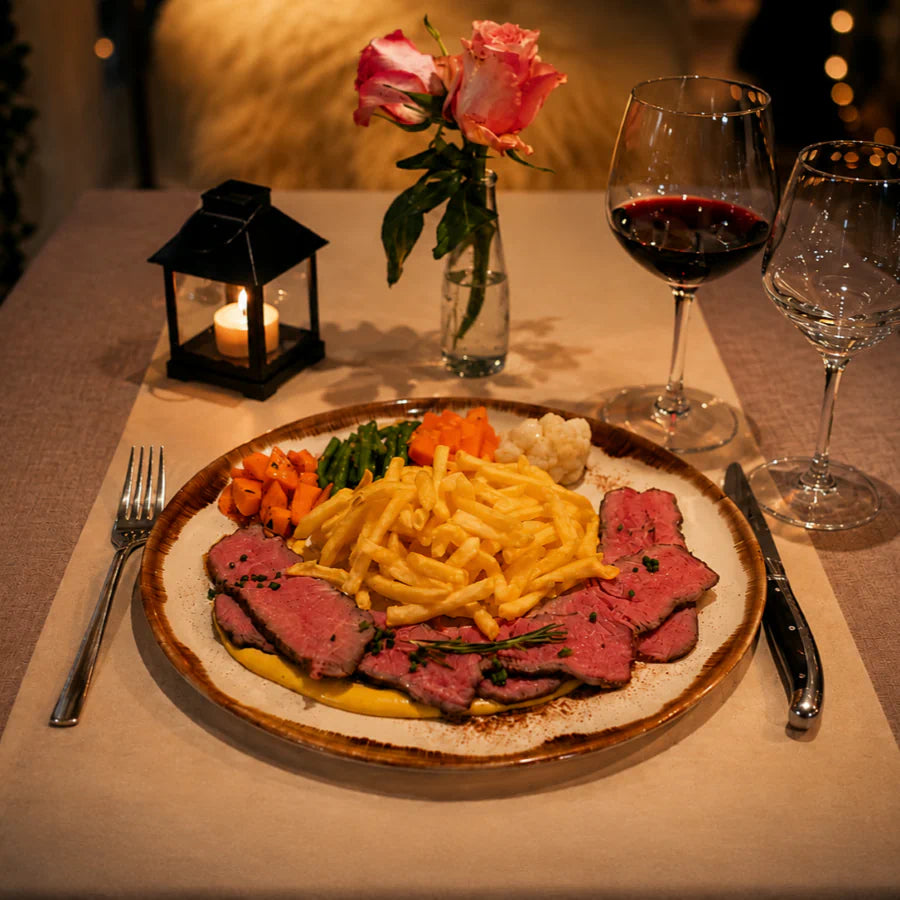Roastbeef vom Grill mit Pommes und Beilagen im Restaurant Hazienda in Niederhünigen.