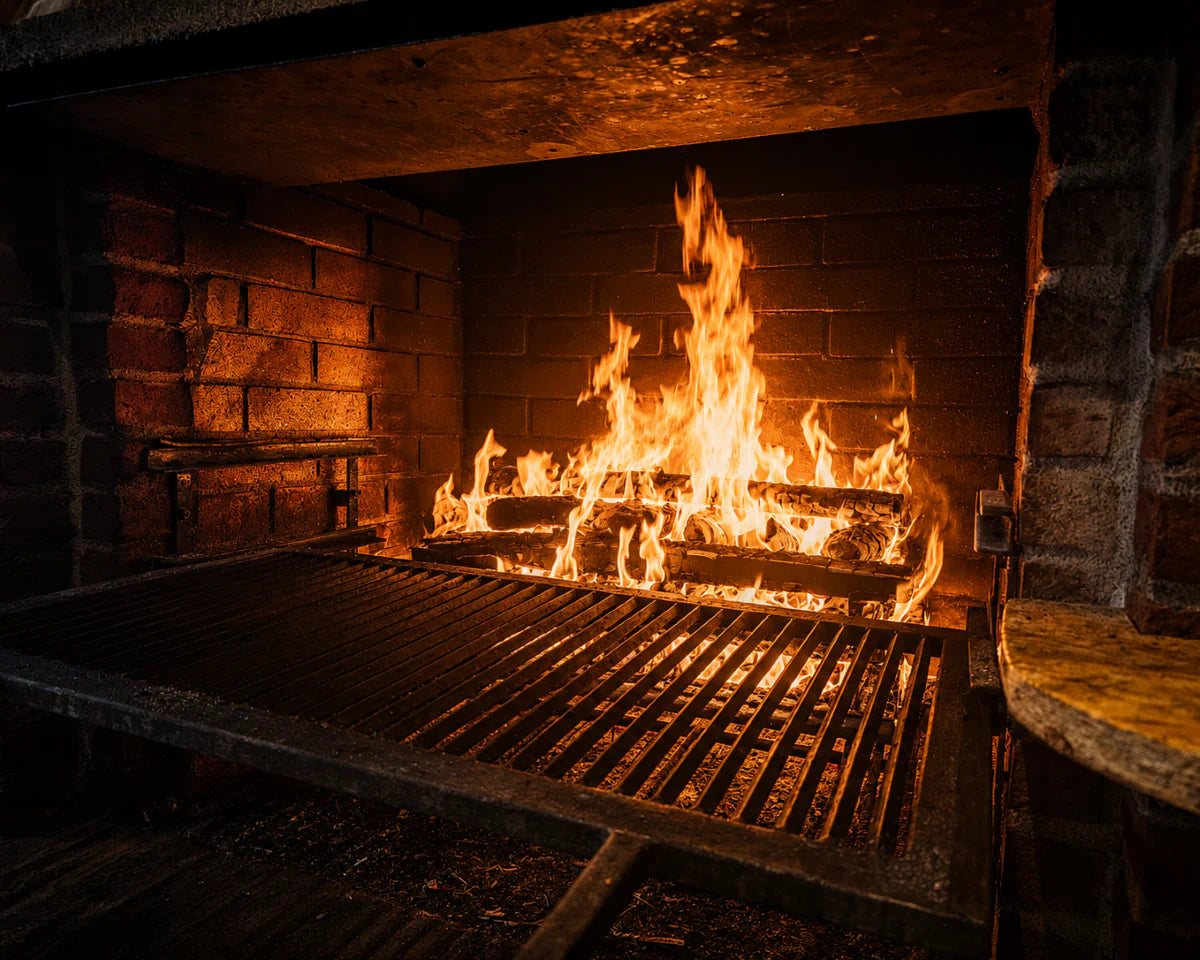 Brennendes Holzfeuer im Grill des Restaurant Hazienda.